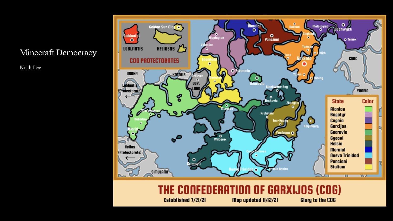 Title slide: Minecraft Democracy, by Noah Lee, with a map of the Confederation of Garxijos