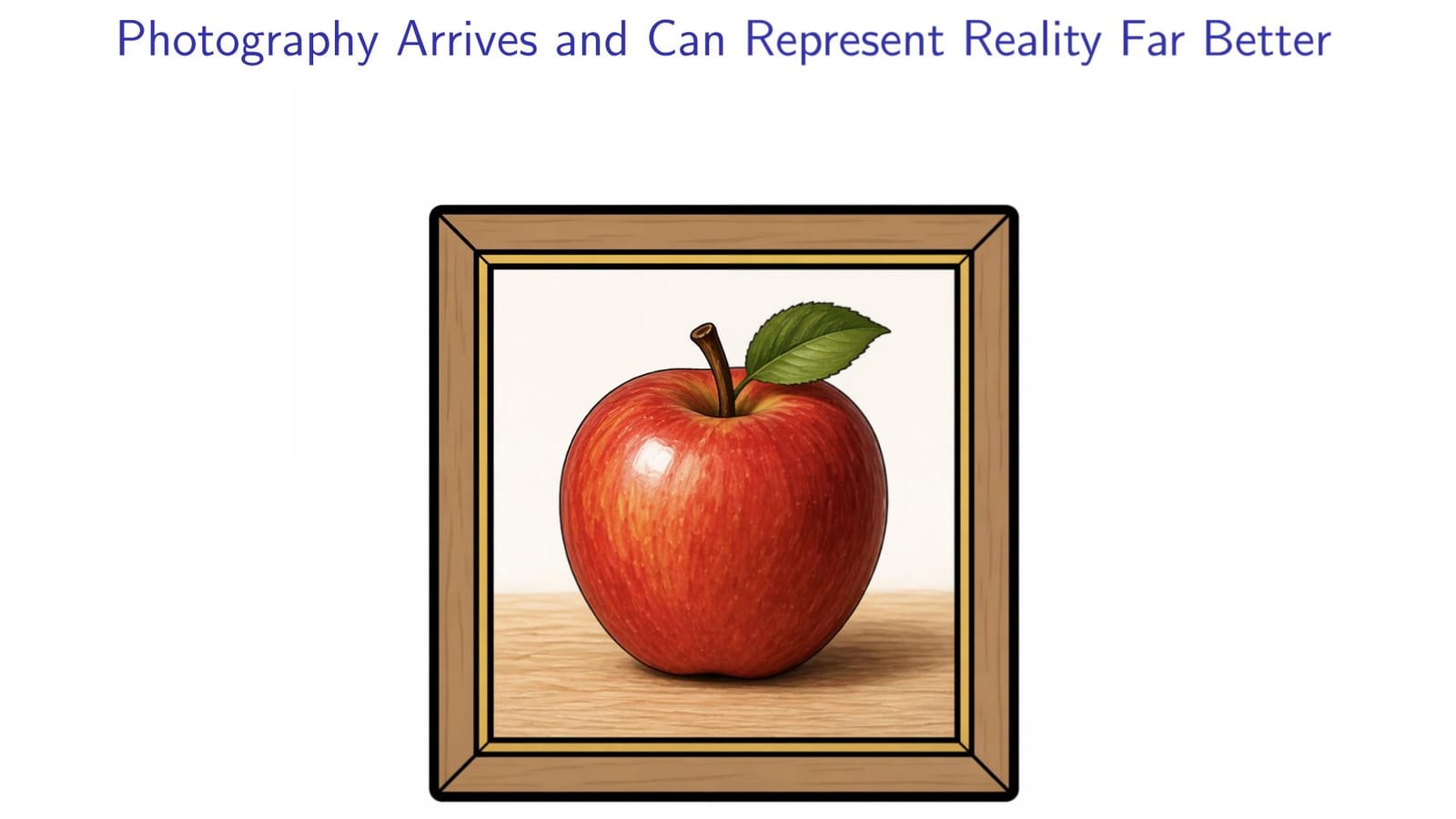 Slide from Poetry and Recorded Music, by Ben Miele: Photography Arrives and Can Represent Reality Far Better, above a drawing of a framed apple